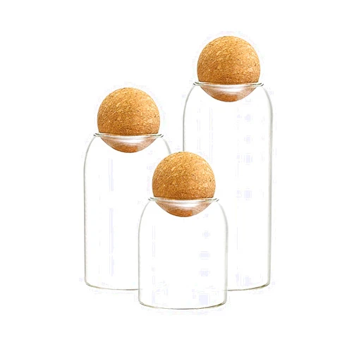 AEFPOYMXU 3 Pcs Glass Jars with Cork Ball Lid Set Kitchen Food Terrarium Airtight Clear Storage Canisters with Wooden Lids for Cookie Candy Coffee Bean Spice Sugar Rice