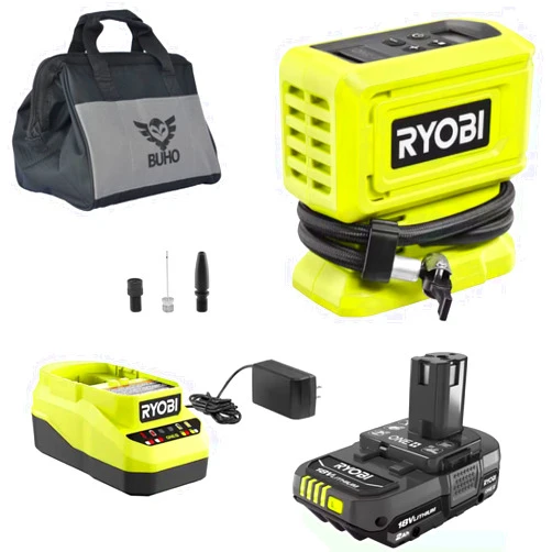 Buho Cordless Inflator Accessory Bundle - Ryobi 18 Volt High Pressure Inflator 2.0 Ah Battery 18V Charger Tool Bag for Tires and Inflatables