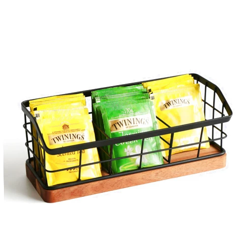 WILDMOS Tea Bag Organizer,Iron Wire Basket with Wooden Base.Tea Storage Containers with 3 Slots,Sugar Packet,Tea Bar Accessories for Countertop Cabinet Drawer.
