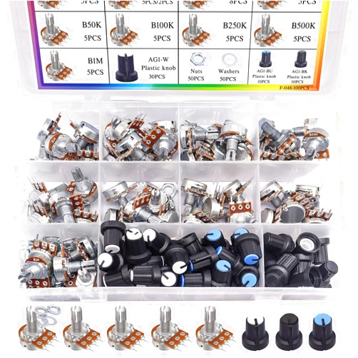 Taiss 200PCS Potentiometer Kit with Rotary knobs,WH148 B1K 5K 10K 20K 50K 100K 250K 500K 1M ohm potentiometers Single Linear Taper Rotary Audio B Type Potentiometer Assortment and Nuts, Washers