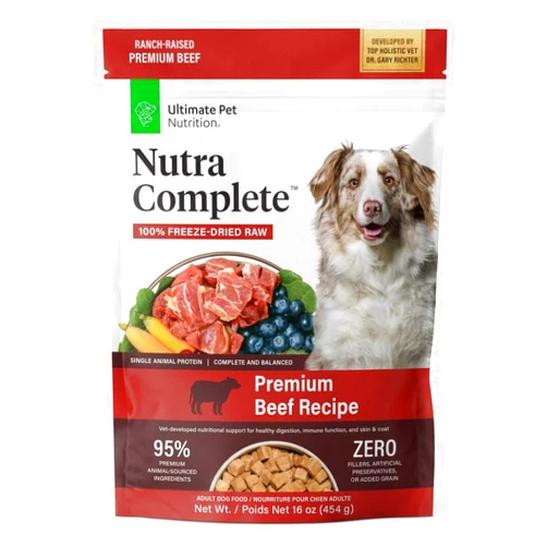 ULTIMATE PET NUTRITION Nutra Complete, 100% Freeze Dried Veterinarian Formulated Raw Dog Food with Antioxidants Prebiotics and Amino Acids, (1 Pound, Beef)