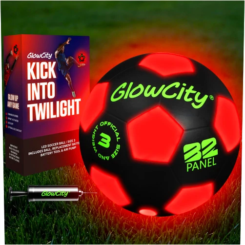 GlowCity Glow in The Dark Soccer Ball - Sizes 3, 4, 5 for Kids, Teens & Adults - Light Up Soccer Ball with 2 LED Lights - Sports Birthday Gifts Ideas for Boys & Teenagers Ages 6 7 8 9 10 11 12 13 14
