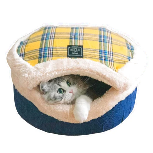 Urnat Cat Plaid Cave Bed, Plush Warm Calming Hideaway Nest with Detachable Lid & Mat, Snug Enclosed House for Indoor Kitten (Yellow)