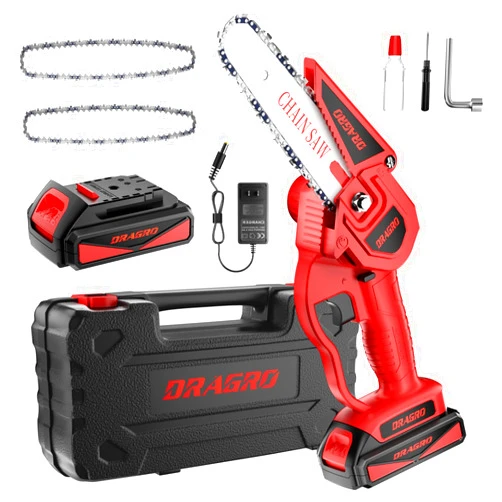 Dragro Mini Chainsaw 6 Inch,Cordless Electric Handheld Chainsaw with Safety Lock,21V Hand Chainsaw with Rechargeable Battery Powered,Small Power Chain Saws for Cutting Wood and Branch(Two Chains&One Battery)
