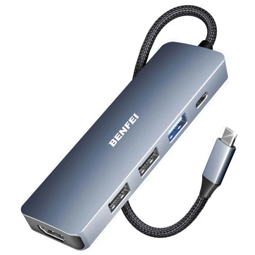 BENFEI USB C Hub 5-in-1 with 4K HDMI(Certified), 100W Power Delivery, 3 USB-A, Silicone Cable, Aluminum Case Compatible with MacBook Pro/Air, iPad Pro, iMac, iPhone 15 Pro/Pro Max, XPS, Thinkpad