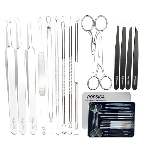 Popsica Blackhead Remover Pimple Squeezing Tool +Tweezers Set + 2 Beard Scissors Nose Hair Scissors, Pimple Set for Nose Face Care (Large, 15)