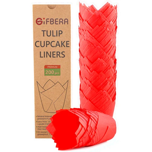 Gifbera 200-Count Red Tulip Cupcake Liners Paper Baking Cups, Unbleached Parchment Paper Tulip Muffin Liners Cupcake Wrapper for Party, Wedding, Christmas, Birthday