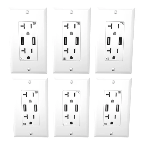 Oviitech Outlet with USB High Speed Charger 4.2A Charging Capability,20 Amp Tamper-Resistant Receptacle Wall Socket USB Outlet,ETL Listed,Wall Plate Included,White（6 Pack）