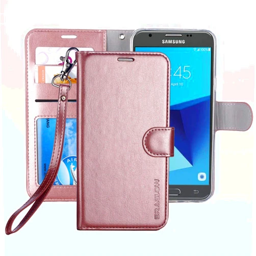 ERAGLOW Galaxy J7 V 2017 / J7 Perx / J7 Sky Pro / J7 Prime/Galaxy Halo Case Luxury PU Leather Wallet Flip Protective Case Cover with Card Slots and Stand for Samsung Galaxy J7 2017 (Rose Gold)