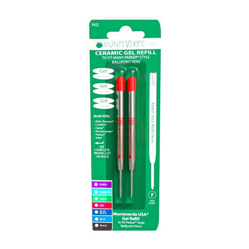 Monteverde Capless Gel Ballpoint Refill to Fit Parker Ballpoint Pens, Fine Point, Red, 2 per Pack (P422RD)