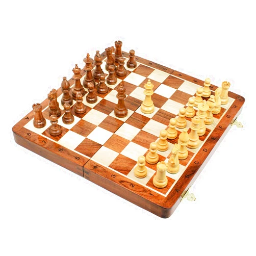 House of Chess - Victorian Staunton Golden Acacia Wood Chess Set - 14 x 14 Inches Wooden Folding Chess Board with Algebraic Notation - Wooden Chess Pieces with King Height 3 Inches + 2 Extra Queens
