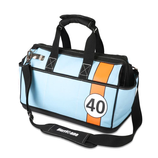 HURRICANE 16 inch Wide Mouth Tool Bag with Water Proof Molded Base with Extra Shoulder Strap, Racing theme-Blue, Multi Pockets, Large Inner Space
