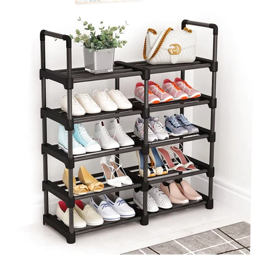 XIHAMA 5 Tiers Shoe Rack Shoe Storage Shoe Organizer 20-25 Pairs Shoe Tower Unit Shelf Durable Metal Pipes with Plastic Connectors Stackable Cabinet Black