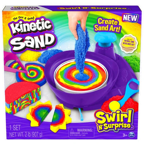 Kinetic Sand, Swirl N’ Surprise Playset, 2lbs of Play Sand (Red, Blue, Green, Yellow) & 4 Tools, Sensory Toys, for Kids Ages 3+