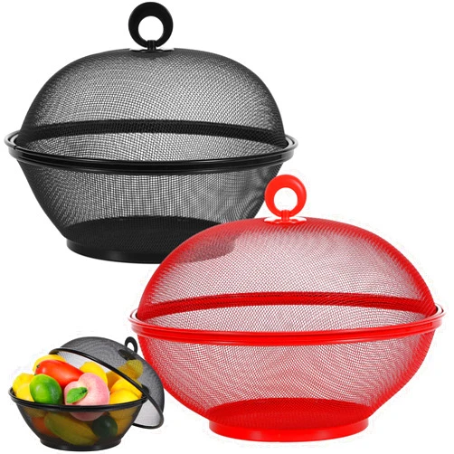 Hicarer 2 Pcs Summer Mesh Fruit Basket with Lid Fruit Cover Protective Countertop Wire Bowl Metal Vegetable Strainer Kitchen Accessories for Kitchen Food Vegetable(Black, Red)