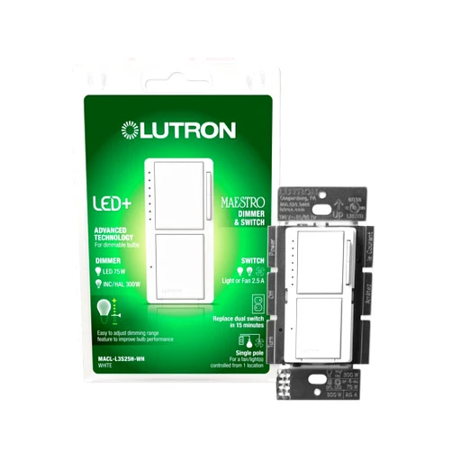 Lutron Maestro LED+ Dual Dimmer and Switch | 75-Watt LED Bulbs/2.5A Fans, Single-Pole | MACL-L3S25-WH | White