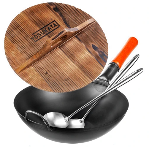 YOSUKATA Carbon Steel Wok Pan 13,5“ + 17’’ Wok Spatula and Ladle - Set of 2 Heat-Resistant Wok Tools + Premium Wok Cover 13,5 inch Pan Lid