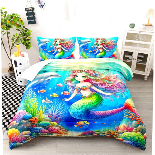 Ntlfup Cute Mermaid Comforter Set Full Size, Dolphin Coral Seaweed Fish Ocean Theme Bedding Set, Colorful Romantic Room Decor for Girls