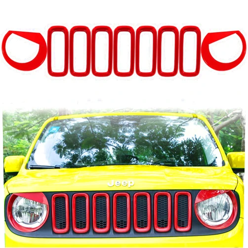 Yoursme Front Grille Inserts & Front Light Headlight Cover Angry Bird Style Bezels Trim Cover for Jeep Renegade 2015-2018 Clip in Version ABS Red