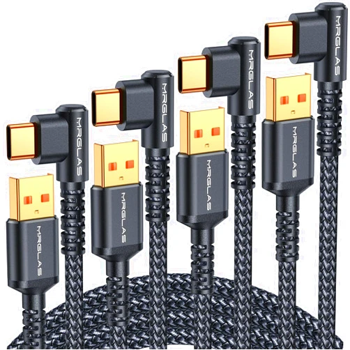 MRGLAS 3.2A USB C Charger Cable,[4-Pack,10+6.6+3.3+1.6FT] USB A to USB C Right Angle Gold-Plated Type C Charger Fast Charging Durable Braided Cord for iPhone 16 15 Samsung S10 S9 Note 10 S21 LG-Black