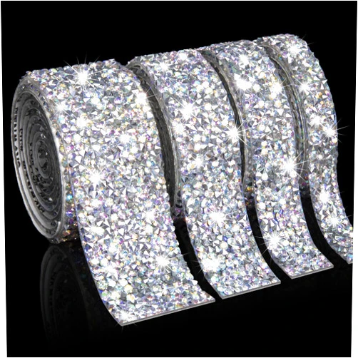 SAKEYR 4 Rolls Crystal Rhinestone Diamond Ribbon Strips, Self Adhesive Bling Wrap Rolls Rhinestones Tapes for Shoes Clothes, Cakes, Phone, Wedding Decor DIY Crafts (AB Sliver)
