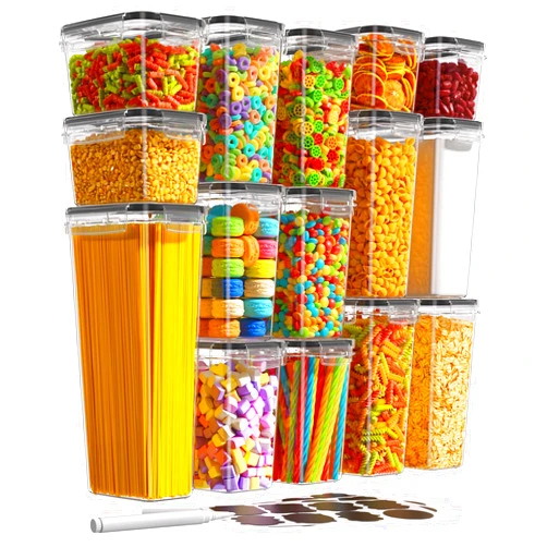 KEMETHY 15 Pack Airtight Food Storage Containers with Lids, Kitchen Pantry Organizers and Storage, BPA-Free Plastic Food Canisters for Cereal, Flour, Sugar, Pasta, Dry Food, Include Labels & Marker