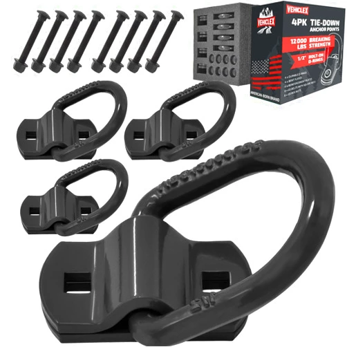 Vehiclex Trailer Tie Down Bolt-On D Rings - Forged Anchor Points (4 Pack), 12,000 lbs Break Strength, 1/2