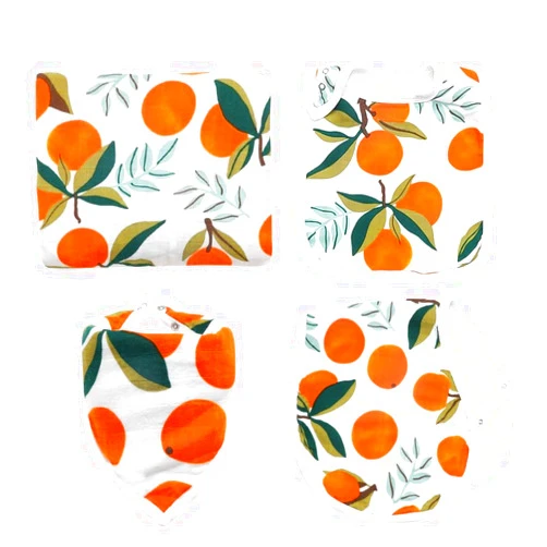 ZandH Global 4pc Clementine Muslin Swaddle Blanket, Bibs and Burp Cloth Set for Baby Boys and Baby Girls - Soft, Beathable, and Multi-Purpose Receiving Blanket.