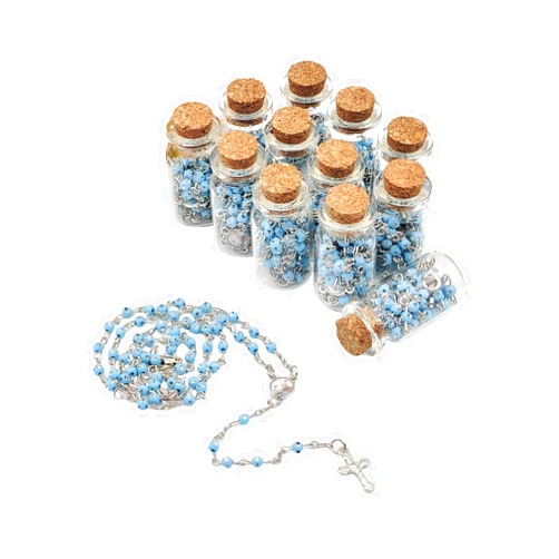 Solkool 12pcs Rosary in Glass Bottle Beaded Necklace w/Crucifix Cross Charm w/Orgazna Bag Baptism/Christiening Favors Recuerdos de Bautizo(Blue)