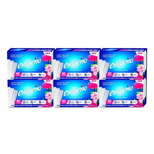 ENSUEÑO Ensueño- Fabric Softener Dryer Sheets, Scent Booster, Spring Fresh, 80 Count (Pack of 6) - Ideal for Large Households, Business, Or office Use