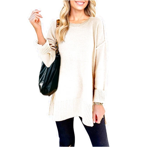 MEROKEETY Women's 2024 Fall Casual Crew Neck Side Split Pullover Sweater Loose Long Sleeve Jumper Top