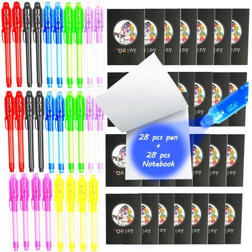 CQACQ 56 Pcs(28 Pcs pen+28 Pcs Mini Notebooks) Invisible Ink Pen with UV Light for Kids,Perfect for Spy Parties, Escape Room, Birthday Parties,Christmas Gatherings,End-Student Gifts!