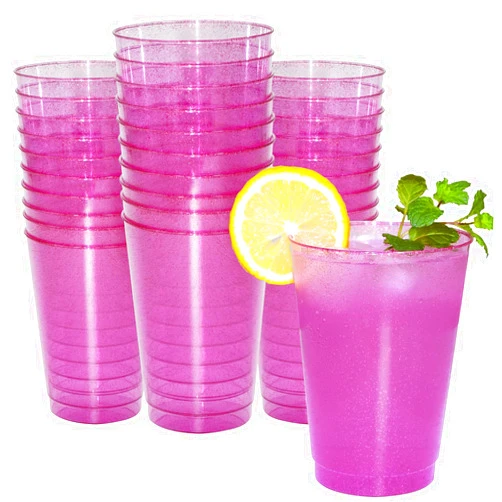 Homy Feel 12 Oz Pink Glitter Plastic Cups - 50PCS Disposable Cocktail & Wine Cups for Wedding & Valentine's Day
