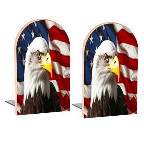 Famame American Flag Retro Eagle Book Ends Decorative Wood Bookends for Shelves Kids Room Desk Home Office Book Stoppers for Magazines,Books, DVDs, 1 Pair/2 Pieces(5x3.1 in)