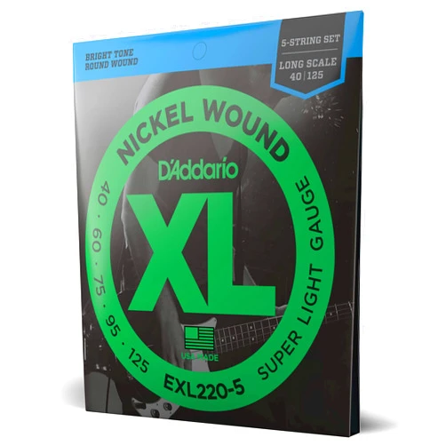 D'Addario Bass Guitar Strings - XL Nickel Bass Strings - EXL220-5 - Perfect Intonation, Consistent Feel, Powerful Durability - For 5 String Bass Guitars - 40-125 Super Light 5-String, Long Scale