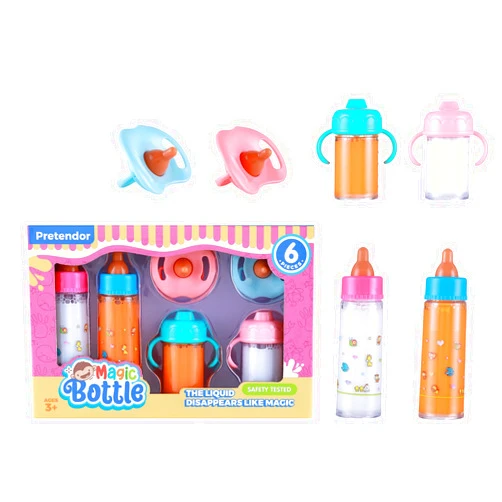 Pretendor 6 Pieces Magic Disappearing Milk and Juice Bottle with Pacifier,Pretend Play Feeding Toy Set for Girl,4 Bottles and 2 Pacifiers Baby Doll Accessories