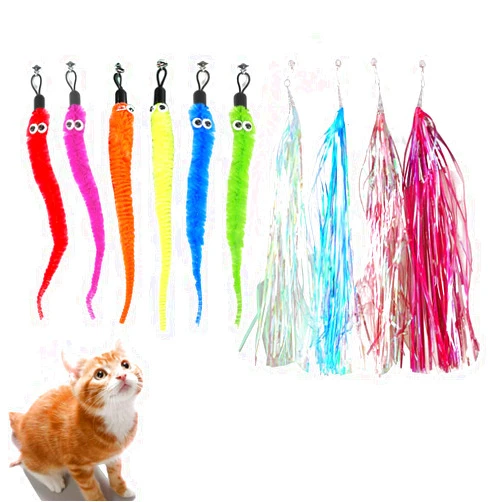 LogFaadCoi 10-Pack of Vibrant Feathered Cat Toy Refills Feather Toys Refills,Cat Fishing Pole Toy for Bored Indoor Cats Chase and Exercise (Worm tussel Refills)
