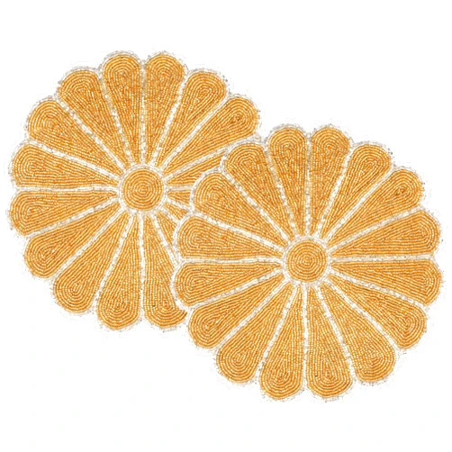 Alpha Living Home Round Beaded Scallop Placemats for Dining Table - Pack of 2 Measure 13 inches Beaded Placemats Round for Gathering, Occasional Decoration and Family Parties Celebrations - Gold/Silver