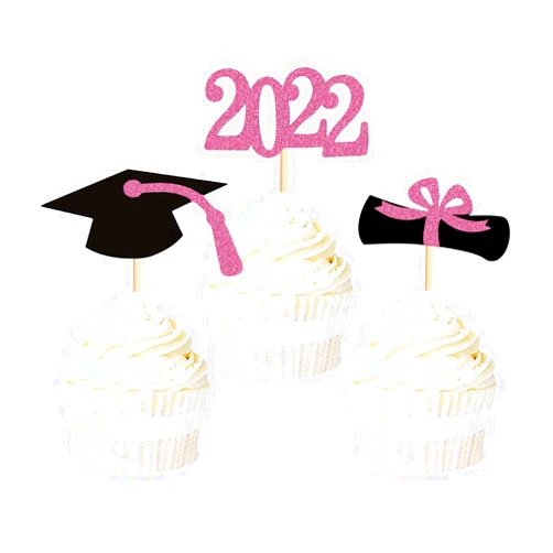 MOOZI 2022 Graduation Cupcake Toppers, 48 PCS Food/Appetizer Picks For Graduation Party Mini Cake Decorations, Diploma, 2022, Grad Golden Pink 200100 0