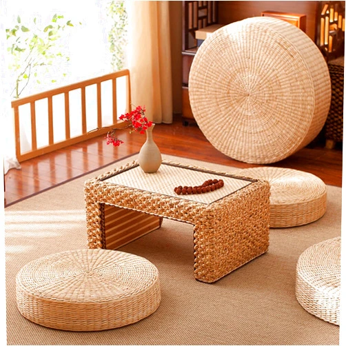 XUJIQI Floor Seat Cushion, Round Pouf Tatami Seat Cushion Hand-Woven Tatami Floor Pillow Sitting Cushion Padded Room Floor Straw Mat Soft Yoga Mat for Living Room Balcony Garden Party