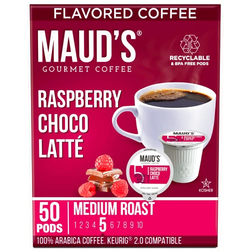 Maud's Raspberry Chocolate Flavored Coffee Pods, 50 ct | Raspberry Choco Latte Flavor | 100% Arabica Medium Roast Coffee | Solar Energy Produced Recyclable Pods Compatible with Keurig K Cups Maker