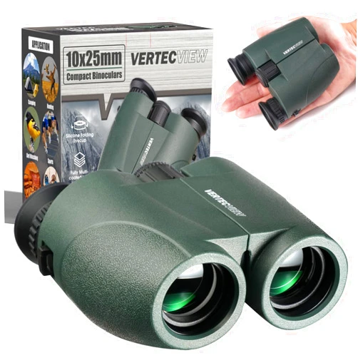 VERTECVIEW 10x25 Binoculars, Compact Binoculars for Adults; high Powered, Smooth Focus, Water Resistant, HD Optical, Excellent Choice for Bird Watching, Concert, Sports & Travel; Lightweight 246g.