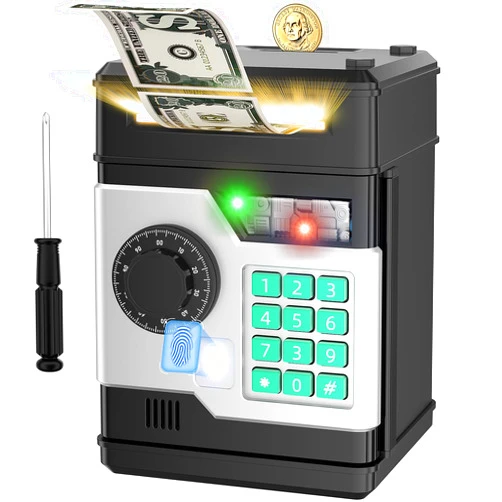 NAFEIV Piggy Bank, Automatic Electronic Piggy Bank for Kids Boys Girls with Password and Fingerprint Unlocking Simulation, Money Bank Kids Safe Toys for 3 4 5 6 7 8 9 10 Year Old Boy Girl (Black)