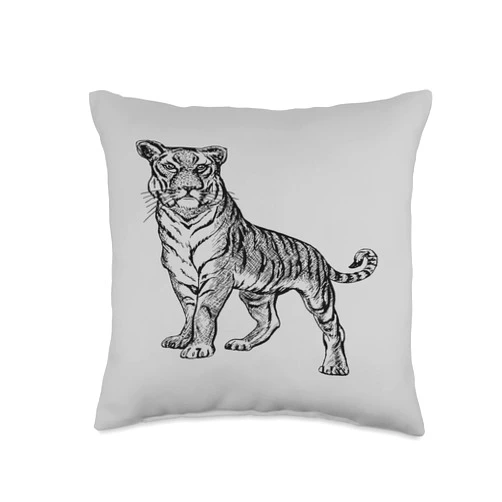 Tiger Art Tees And Awesome Big Cat Gifts by taiche Tiger Line Art Drawing Throw Pillow, 16x16, Multicolor