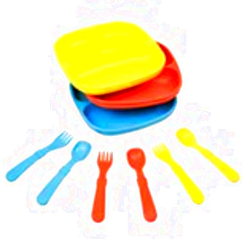 Re-Play Made in USA - 3 Meals a Day Set - 3 Divided Plates, 3 Sets of Utensils - BPA Free, Made from Environmentally Friendly Recycled Milk Jugs - Primary without Bowls