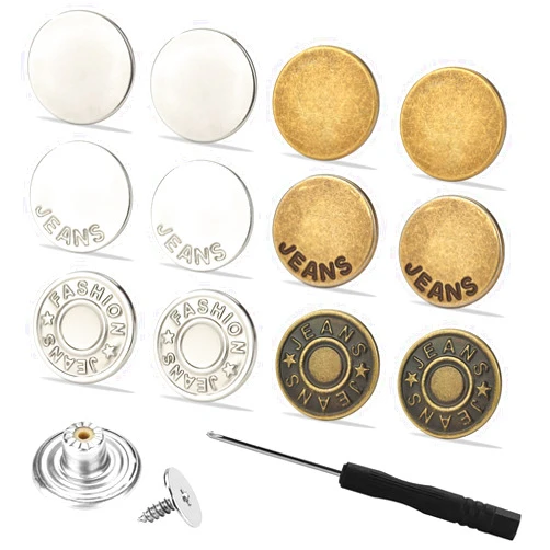 HeartfeltYIre Jean Buttons for Loose Jeans 12pcs 17mm Metal Easy Anti Fray Instant No Sew Pins Make Smaller Extenders Pants Clips to Waist Tighten Waist Replacement Reusable Adjustable with Tool