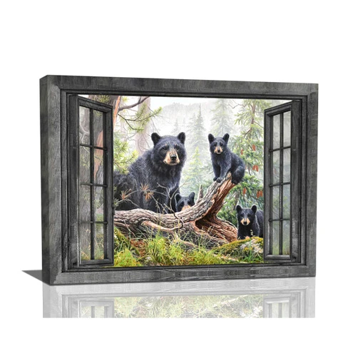 YOSHANA Black Bear Wall Art Window Animal Canvas Prints Forest Bears Pictures Painting Framed Artwork Office Home Decor for Bathroom Bedroom Dining Living Room Kitchen 16
