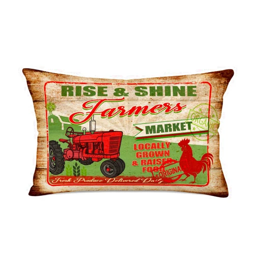 Tlovudori Hopyeer Vintage Wood Grain Pillow Covers Rise&Shine Farmers Market Quote Cotton Linen Retro Rustic Farm Red Tractors with Big Rooster Decor Throw Waist Lumbar Cushion Case Cover 12