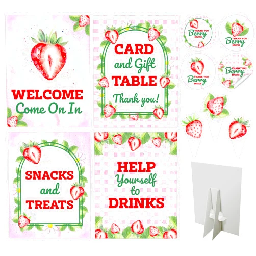 Bella and Bentley Novelty 80 Pcs Strawberry Shortcake Birthday Decorations Party - Strawberry Baby Shower Decorations - 4 Table Centerpieces Welcome Sign, 36 Cupcake Toppers, 40 Thank You Stickers