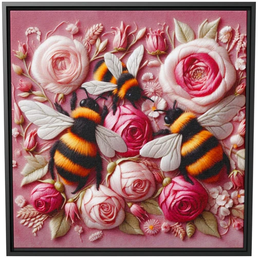 Custom Flower Wall Art Embroidery Artwork Canvas Print Framed Painting Bees Pink Roses Nature Bright Kitchen Garden Decor